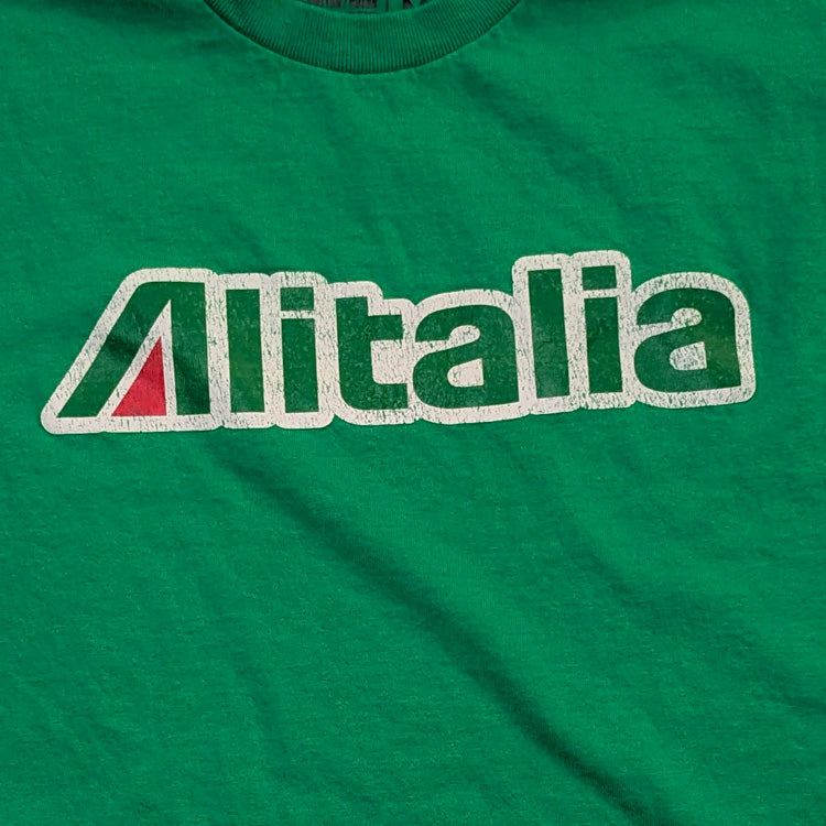 Vintage style retro aviation t shirt with Alitalia airline logo closeup