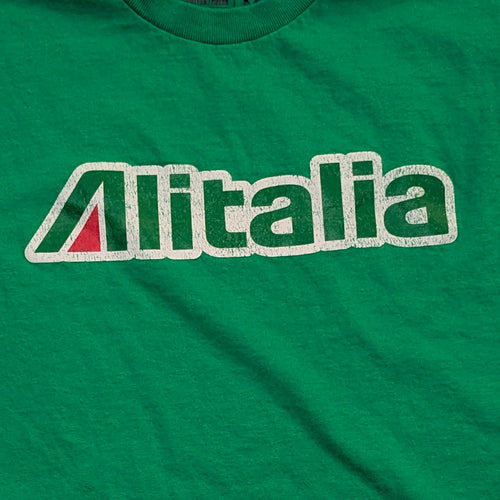 Vintage style retro aviation t shirt with Alitalia airline logo closeup