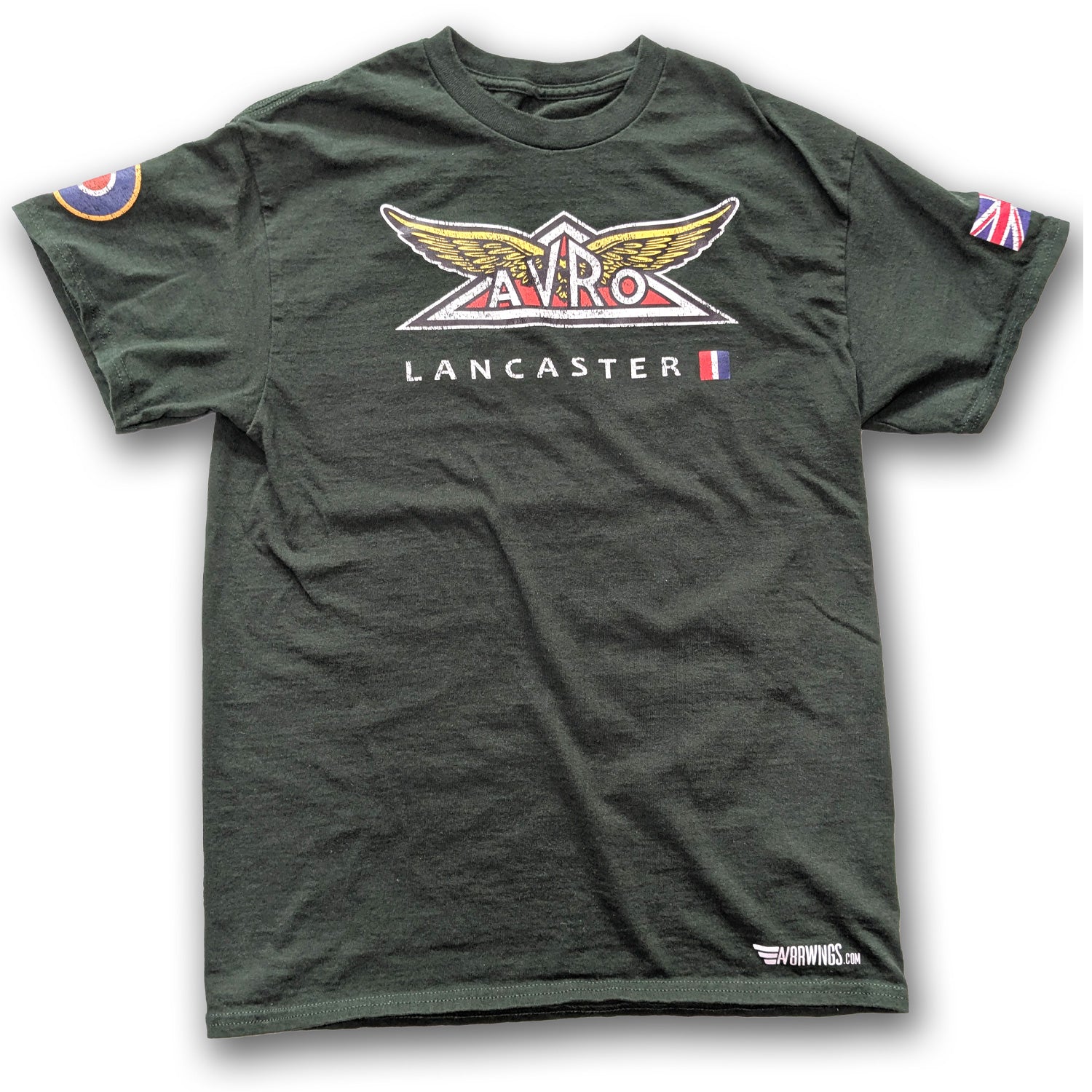 Dark Green aviation themed t-shirt with vintage Avro Lancaster logo. Aviator pilot clothing gift