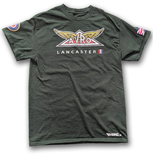 Dark Green aviation themed t-shirt with vintage Avro Lancaster logo. Aviator pilot clothing gift