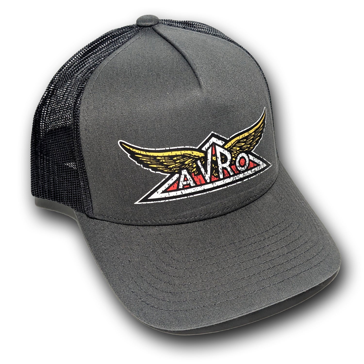 Charcoal and black Snap Back Trucker hat with vintage Avro Aircraft aviation logo