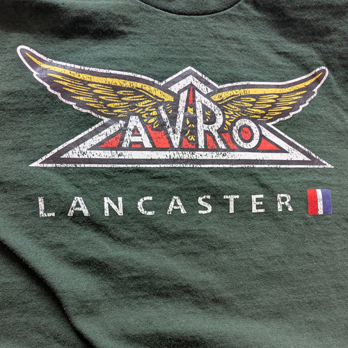 Dark Green aviation themed t-shirt with vintage Avro Lancaster logo. Aviator pilot clothing gift
