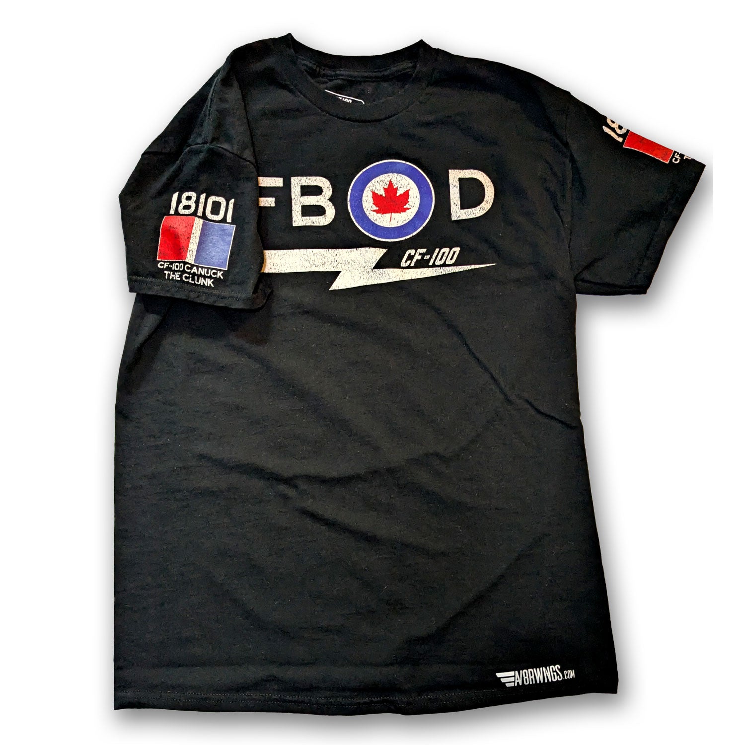 RCAF CF-100 Canuck the clunk vintage black aviation Canada t shirt sleeve detail