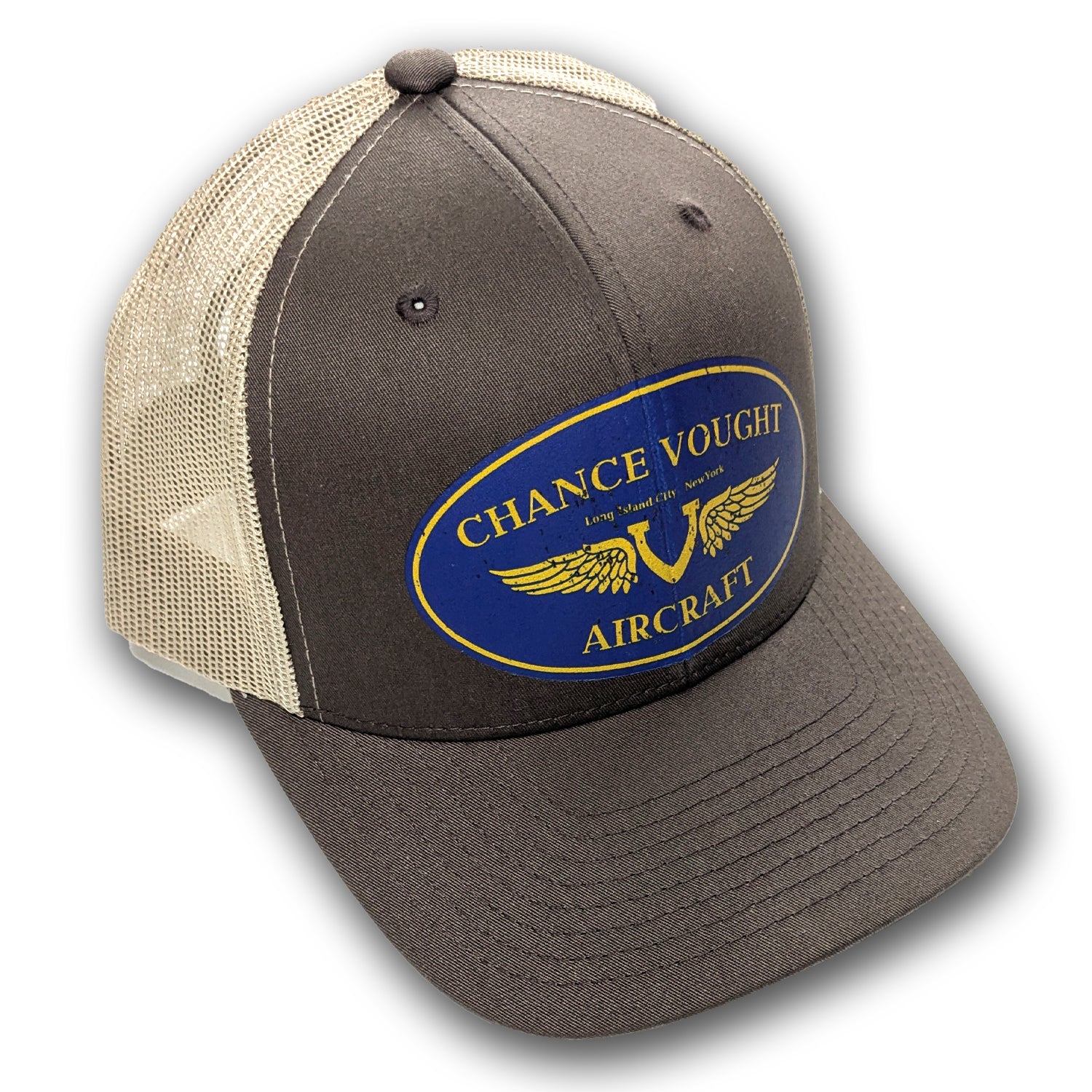 Brown and Khaki Snap Back Trucker hat with vintage Chance Vought aircraft aviation logo