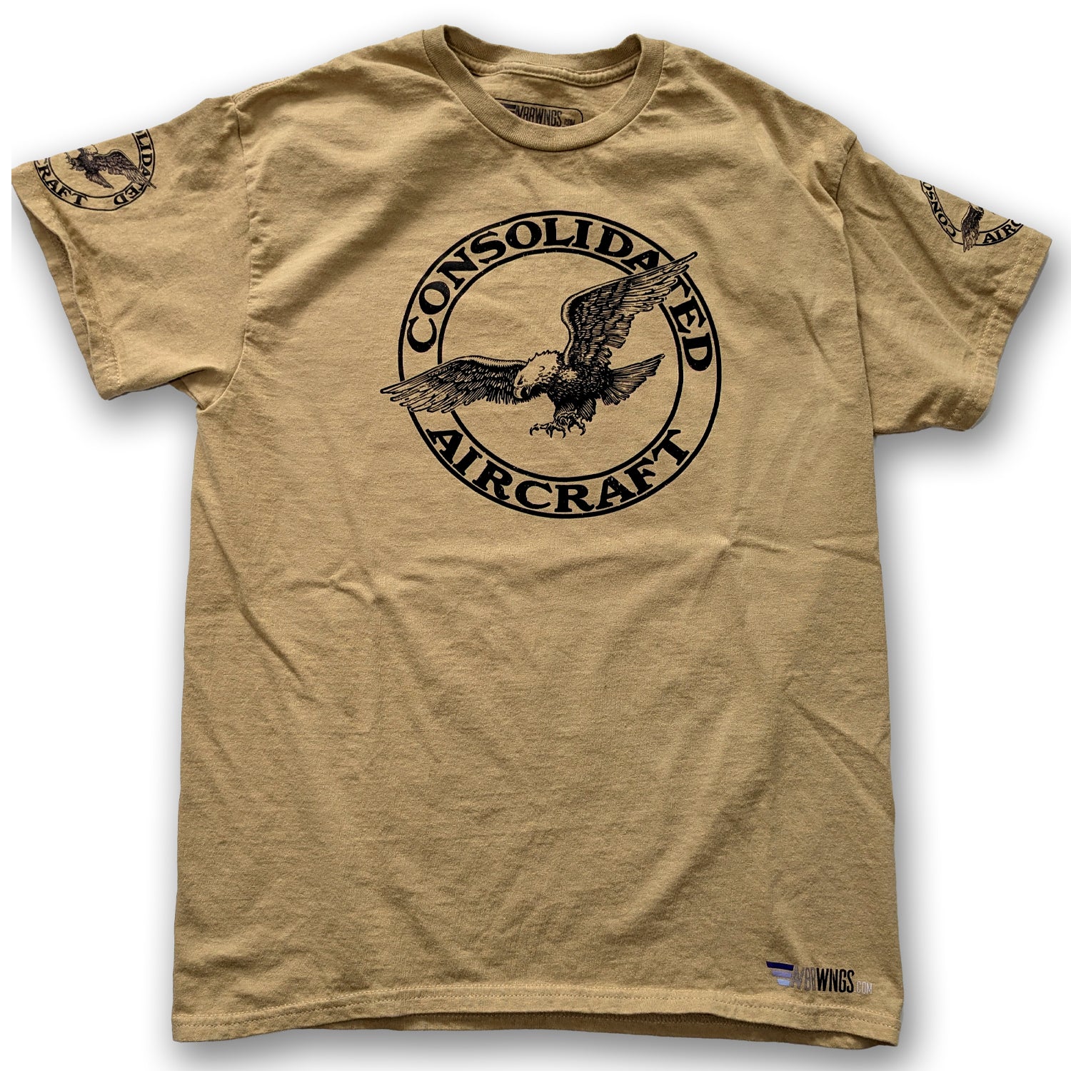 Tan Kaki  aviation themed t-shirt with Consolidated Aircraft aviator Logo. Aviator pilot clothing