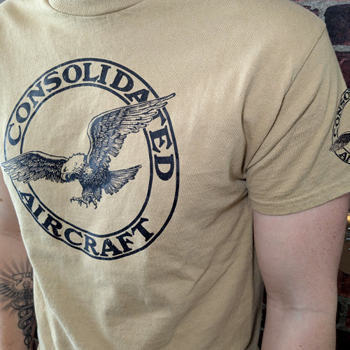Tan Kaki  aviation vintage classic retro themed t-shirt with Consolidated Aircraft aviator Logo. Aviator pilot clothing