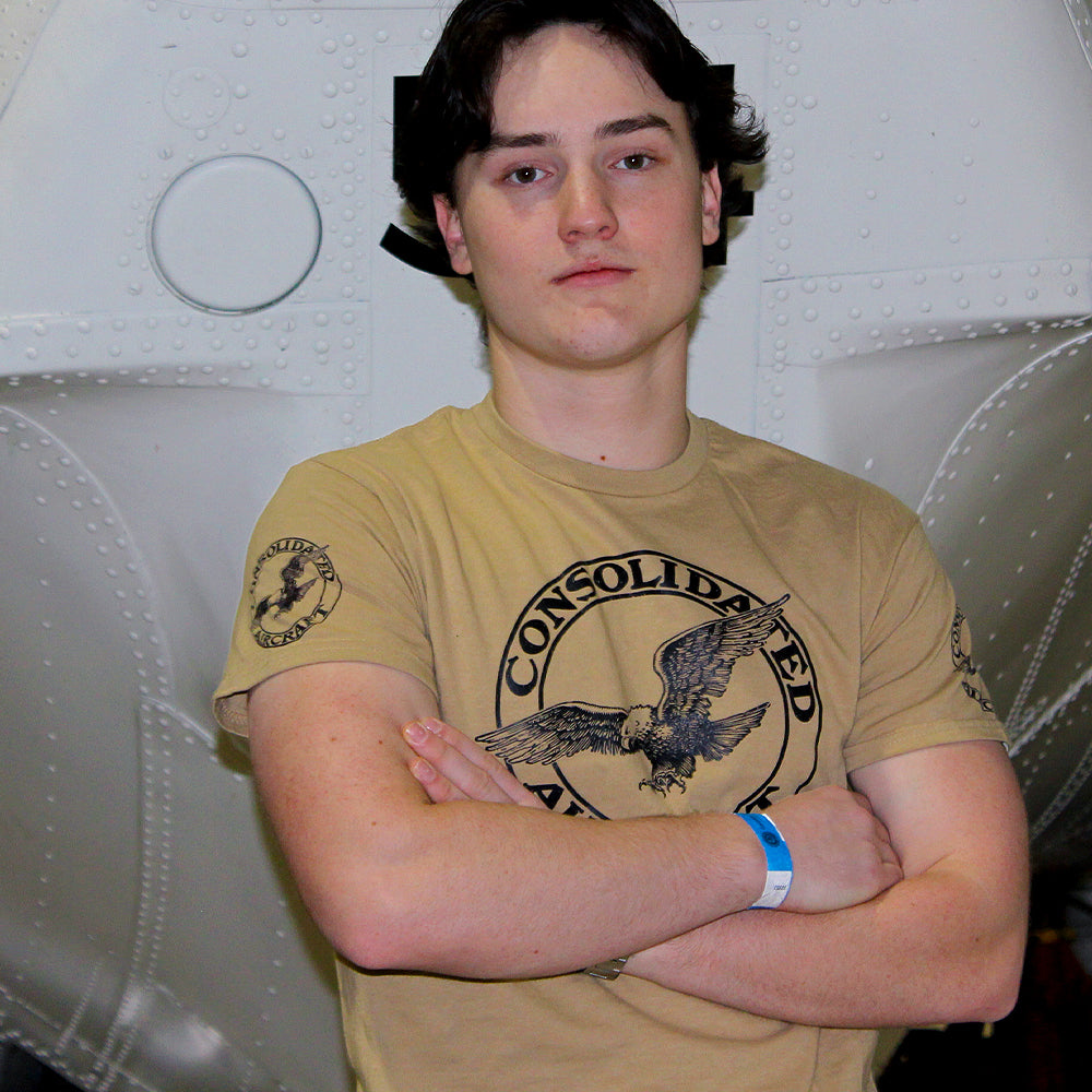 Tan Kaki  aviation themed t-shirt with Consolidated Aircraft aviator Logo. Aviator pilot clothing