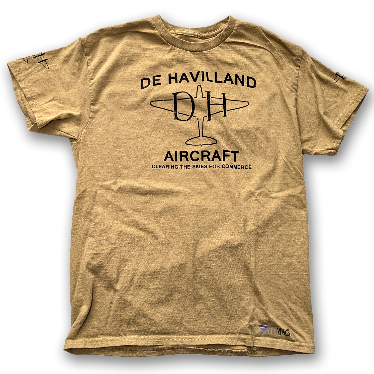 Tan  Kaki  aviation themed t-shirt with De Havilland Aircraft vintage aviator Logo. Aviator pilot clothing