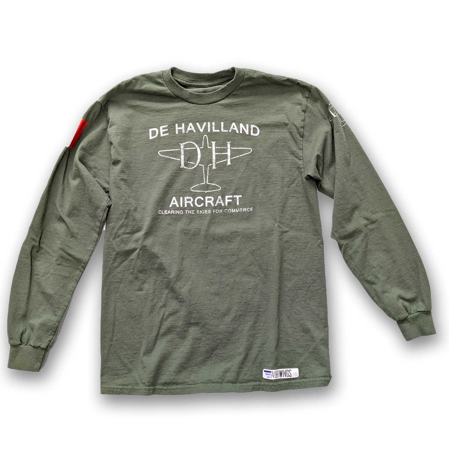 De Havilland military green Aircraft Vintage aviation style cotton aviator long sleeve t shirt 