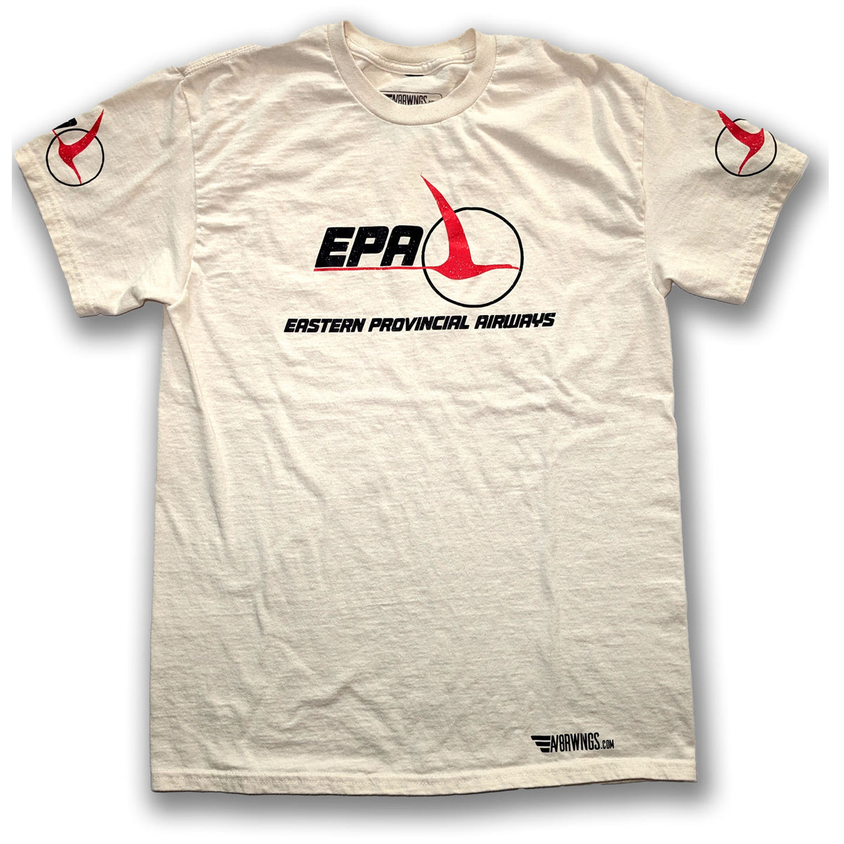 An off-white short-sleeve t-shirt featuring the 'EPA Eastern Provincial Airways' logo in red and black on the chest, with matching logos on both sleeves, displayed against a white background.