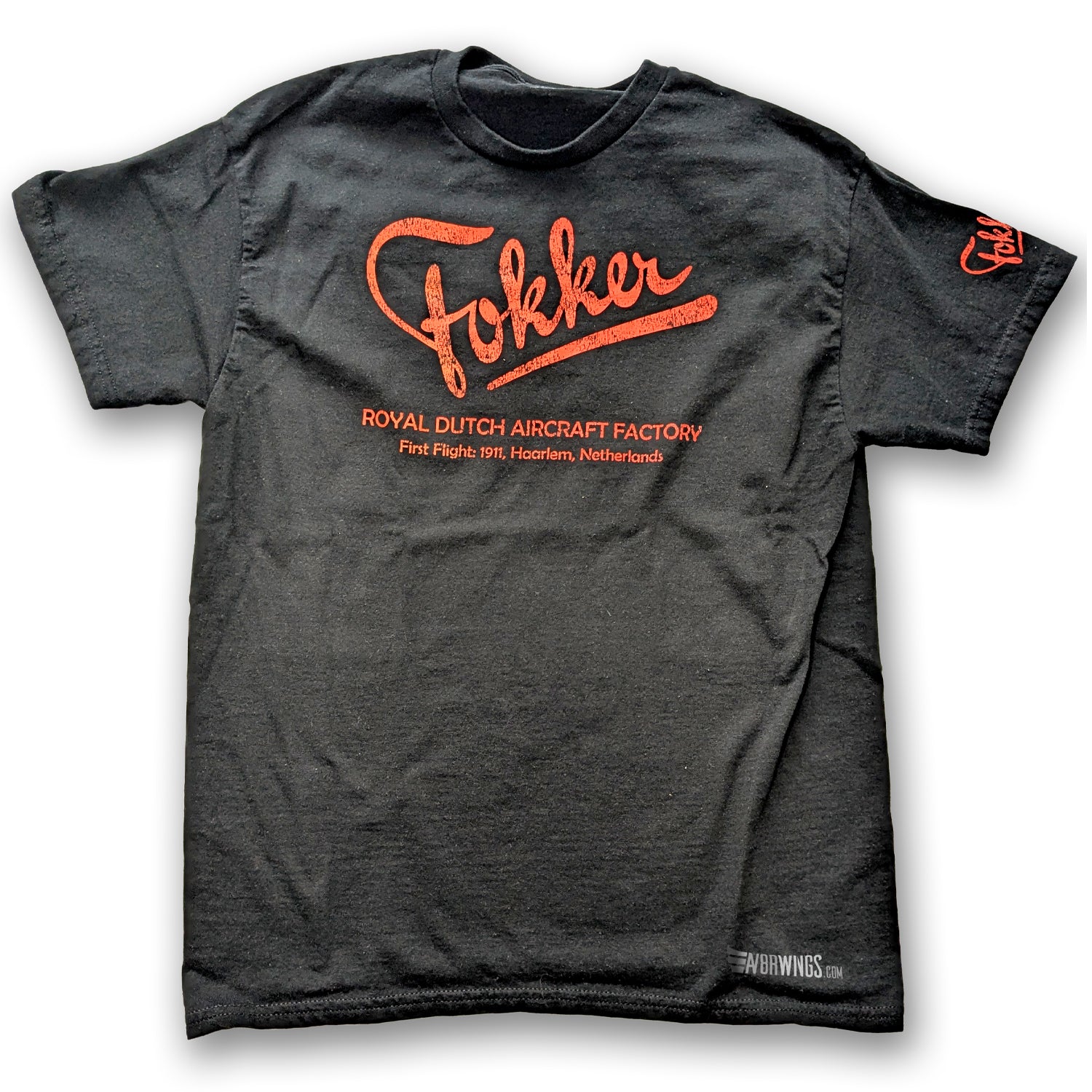 Black aviation themed t-shirt with Fokker aircraft factory retro aviator Logo