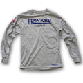 Grey vintage aviation themed cotton long sleeved t-shirt with Hawker Aircraft Aviation logo. Aviator pilot clothing