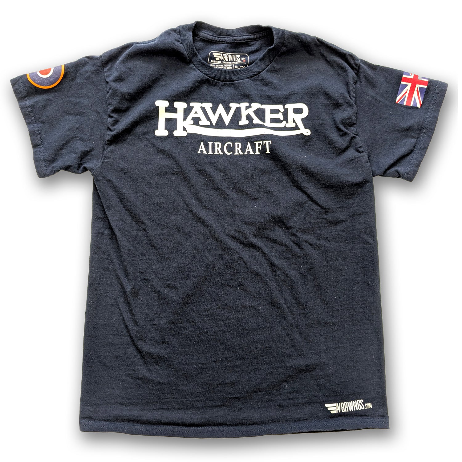 Navy blue aviation themed t-shirt with Hawker Aircraft Logo. Aviator, pilot clothing