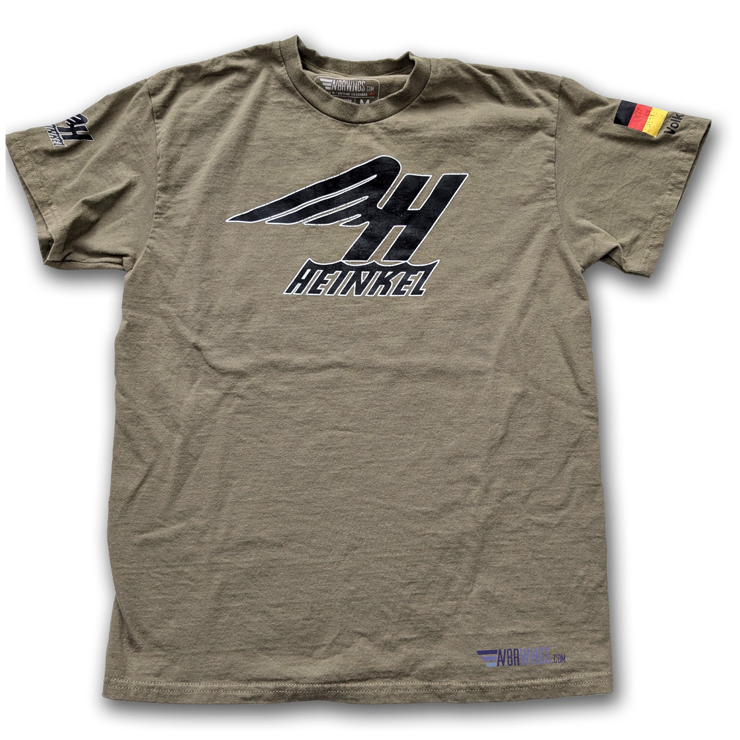 Dust Tan aviation themed t-shirt with Heinkel luftwaffe Aircraft Logo. Aviator pilot clothing