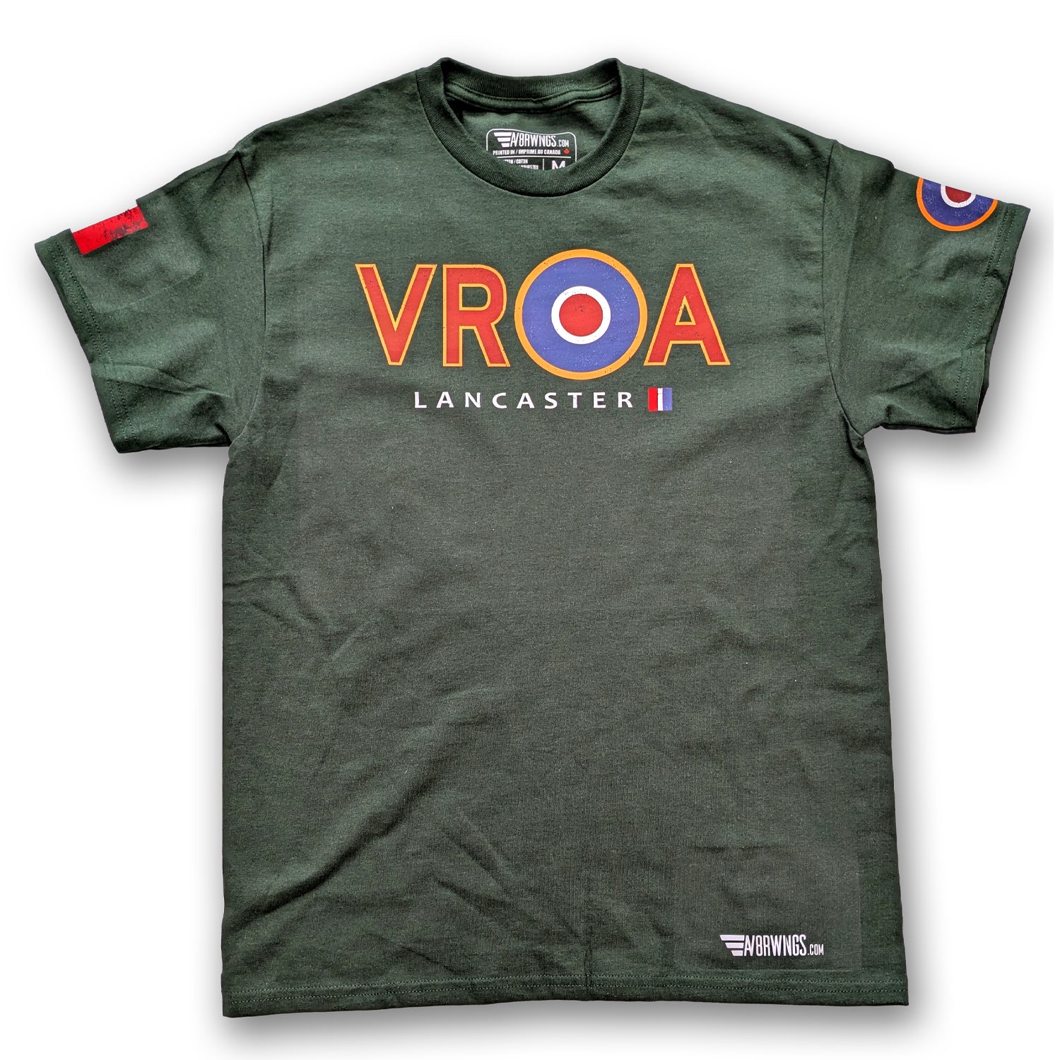 Dark Green aviation themed t-shirt with vintage Avro Lancaster VRA lettering and RAF roundel. Aviator pilot clothing