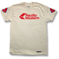 A cream-colored t-shirt featuring a red 'Pacific Western' logo on the chest, with red and blue winged heart graphics on both sleeves, displayed against a white background.