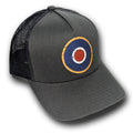 Charcoal and black Snap Back Trucker hat with vintage classic  RAF roundel aviation log