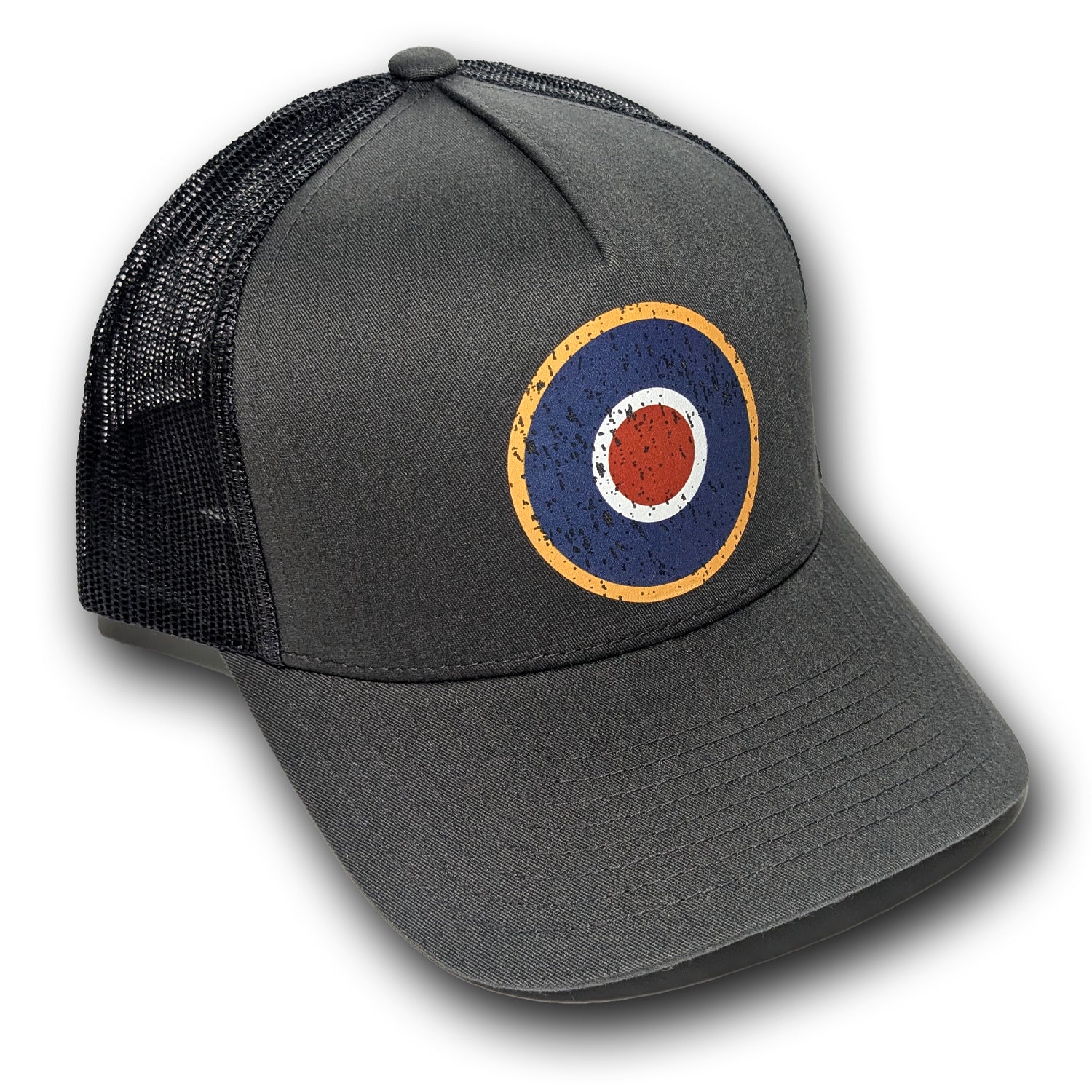 Charcoal and black Snap Back Trucker hat with vintage classic  RAF roundel aviation log