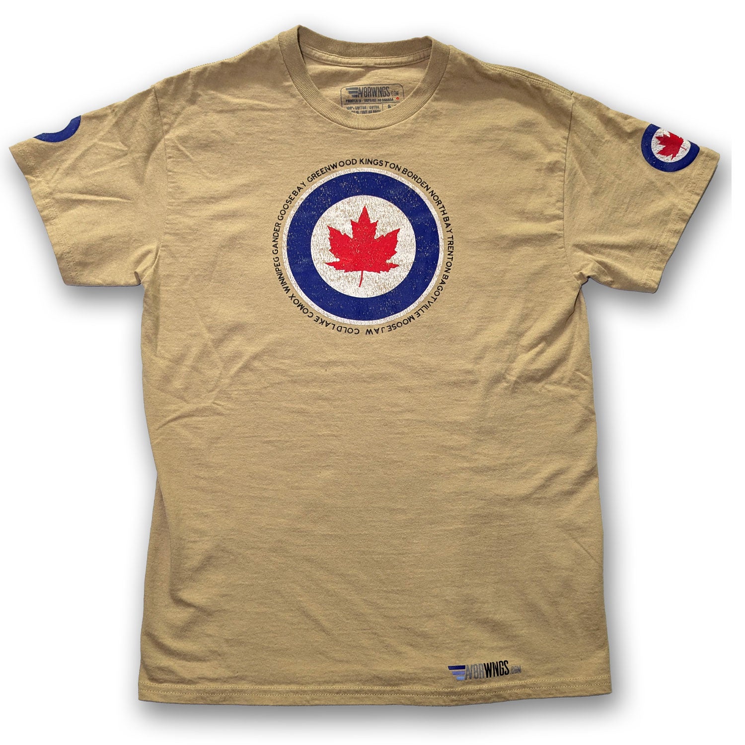Tan RCAF roundel Aircraft Vintage aviation style cotton aviator t shirt  with active Canadian air force bases