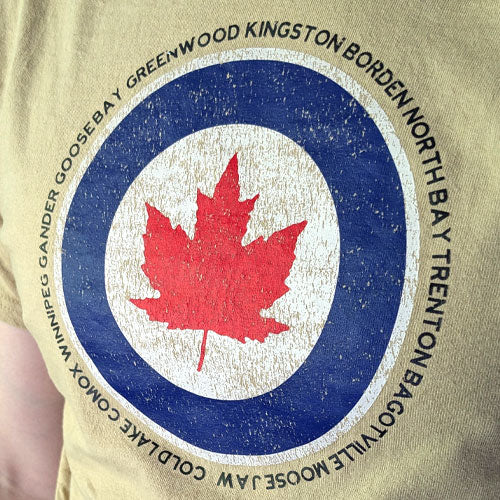 Tan RCAF roundel Aircraft Vintage aviation style cotton aviator t shirt  with active Canadian air force bases