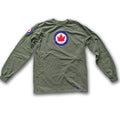 Military Green aviation themed long sleeve t-shirt with retro RCAF roundel aircraft Logo. Canada Aviator pilot clothing