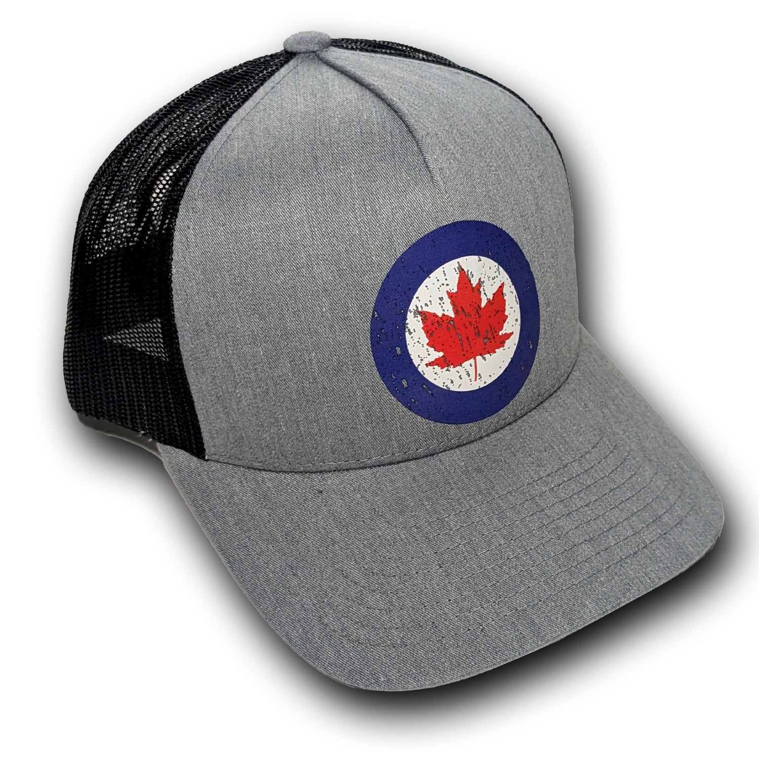grey and black Snap Back Trucker hat with vintage RCAF roundel Aircraft aviation logo