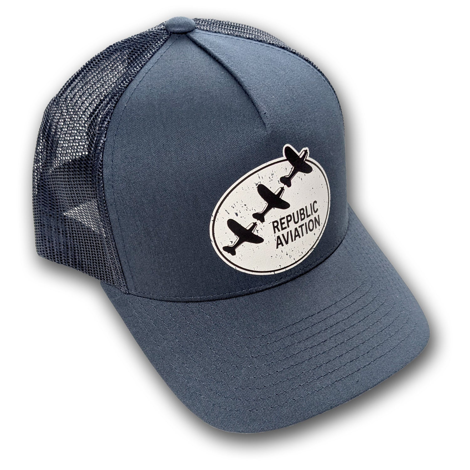 Navy Blue Snap Back Trucker hat with vintage Republic Aviation Logo