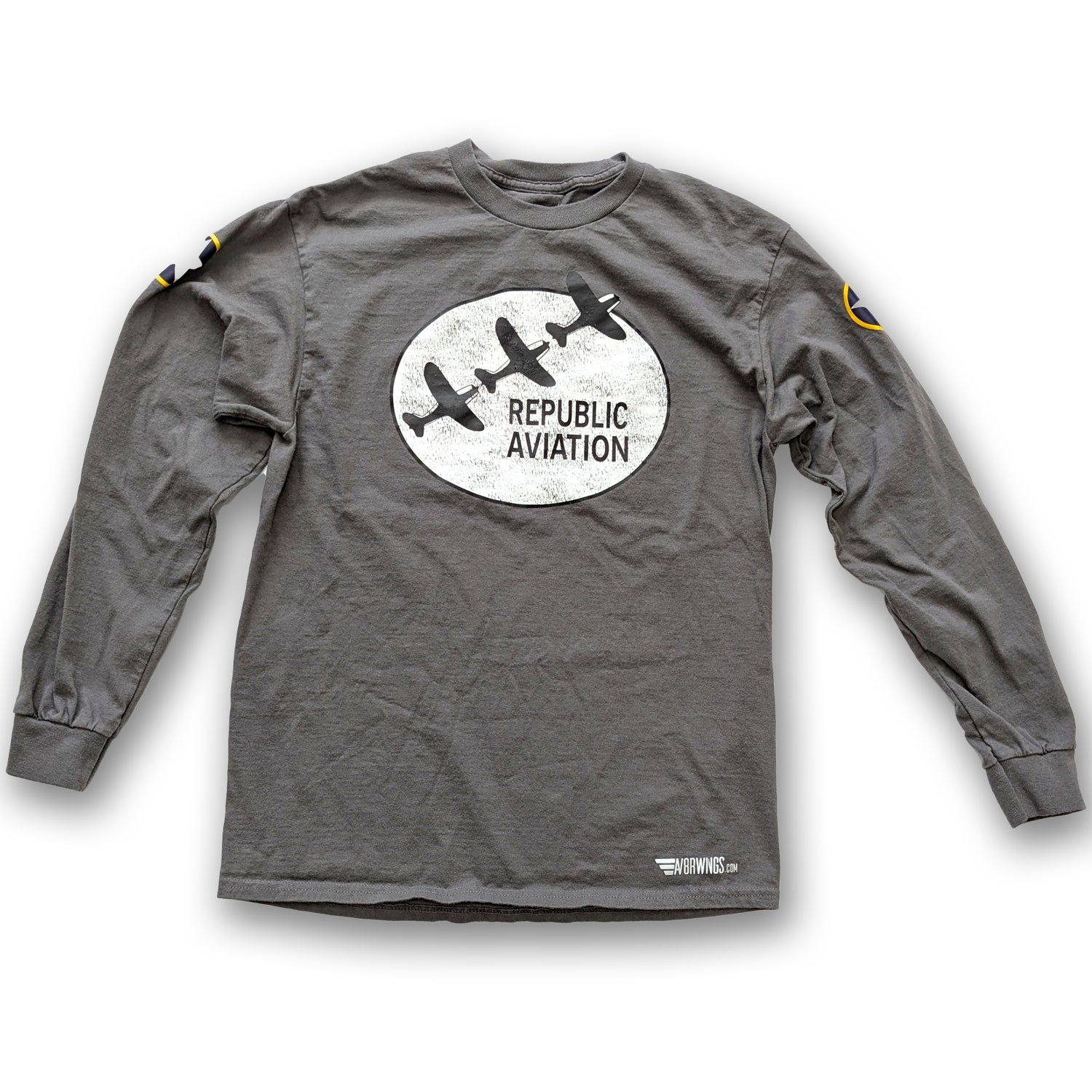 Dark Grey vintage aviation themed cotton long sleeved t-shirt with Republic Aviation logo. Aviator pilot clothing
