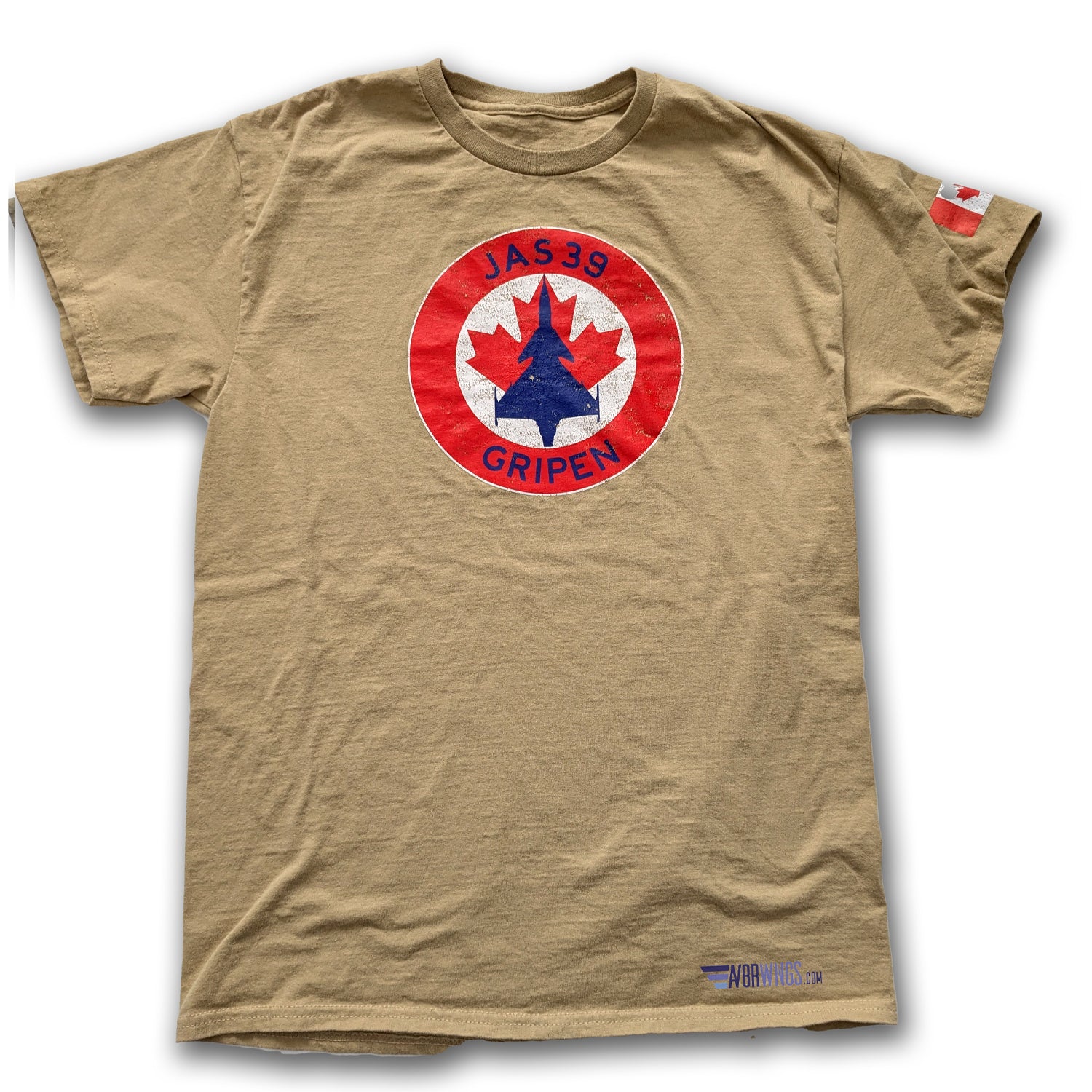 Tan aviation themed t-shirt with RCAF themed saab gripen jet fighter Aircraft Logo. Canada Aviator pilot clothing