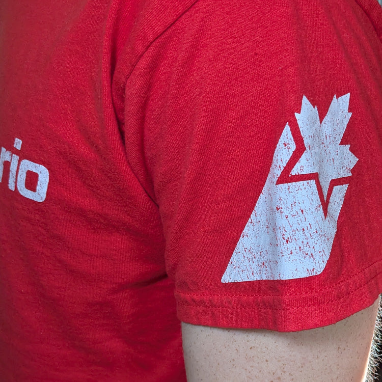 A close-up of a red t-shirt featuring a distressed white graphic of a mountain with a maple leaf and the text 'Air Ontario'. The inner collar shows the brand name 'AV8R Wings'.