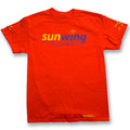 Orange crewneck t-shirt featuring the 'sunwing AIRLINES' logo printed across the chest in yellow and dark blue, with small yellow sun graphics on both sleeves.