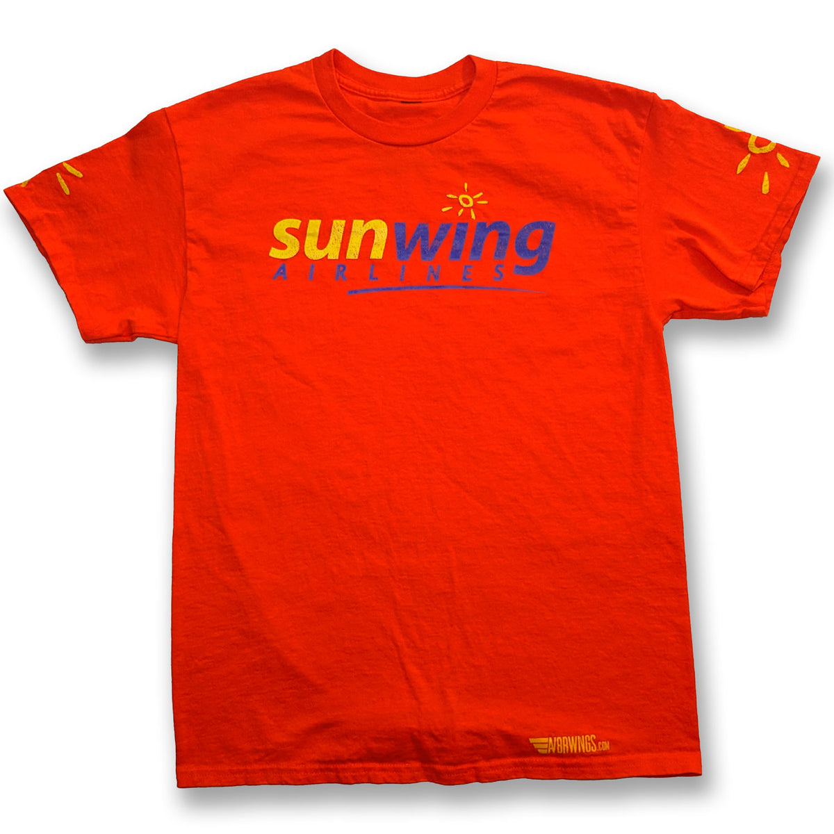 Orange crewneck t-shirt featuring the 'sunwing AIRLINES' logo printed across the chest in yellow and dark blue, with small yellow sun graphics on both sleeves.